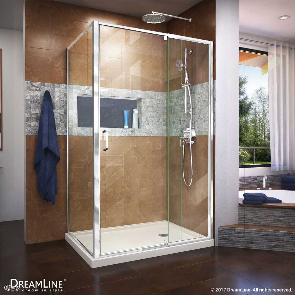 Flex 36 in. D x 48 in. W x 74 3/4 in. H Semi-Frameless Pivot Shower Enclosure in Chrome and Right Drain Biscuit Base Kit