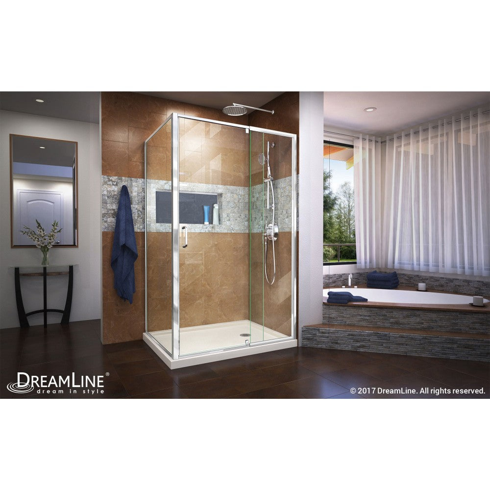 Flex 36 in. D x 48 in. W x 74 3/4 in. H Semi-Frameless Pivot Shower Enclosure in Chrome and Right Drain Biscuit Base Kit