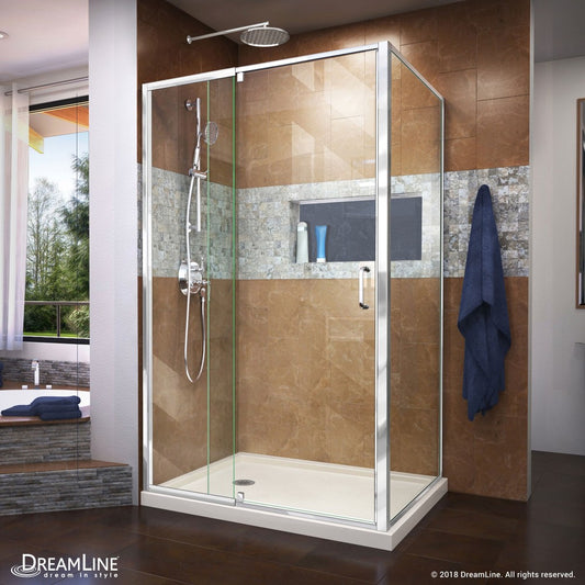 Flex 36 in. D x 48 in. W x 74 3/4 in. H Semi-Frameless Pivot Shower Enclosure in Chrome with Left Drain Biscuit Base Kit