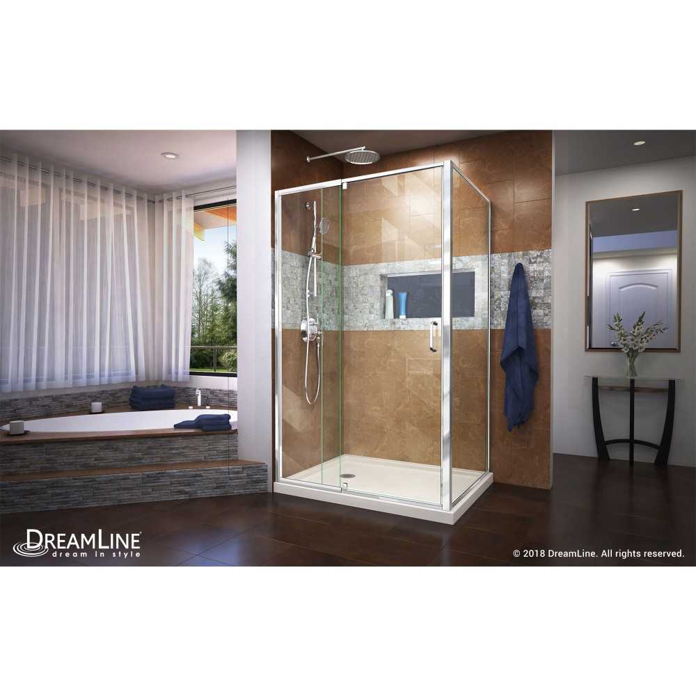 Flex 36 in. D x 48 in. W x 74 3/4 in. H Semi-Frameless Pivot Shower Enclosure in Chrome with Left Drain Biscuit Base Kit