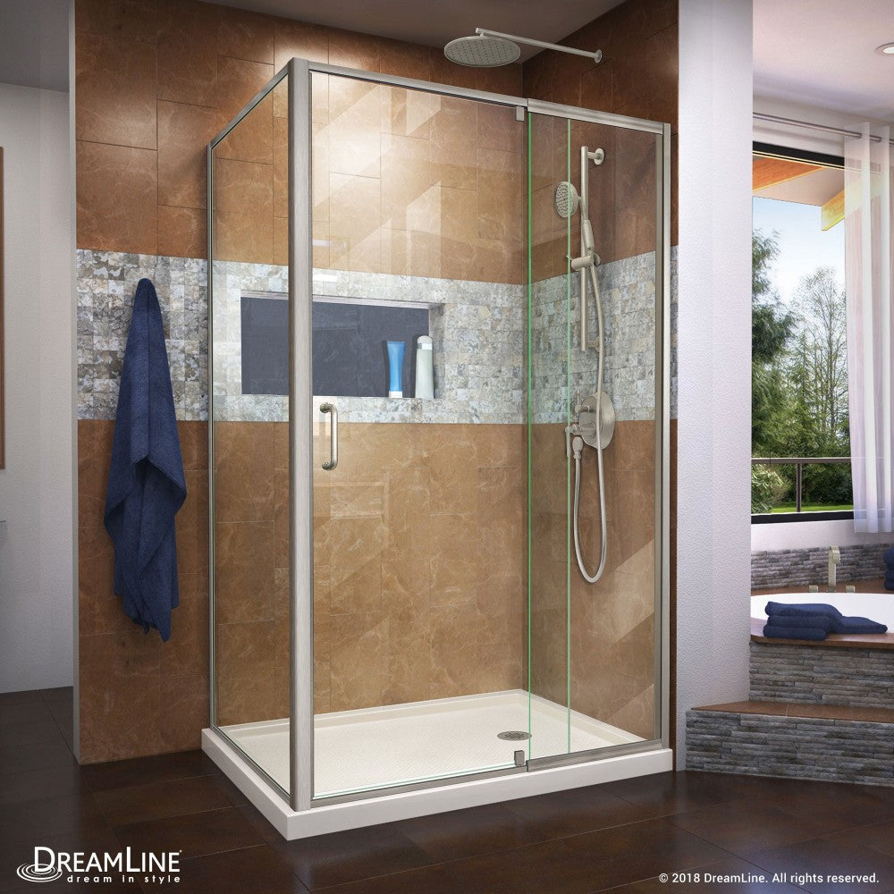 Flex 36 in. D x 48 in. W x 74 3/4 in. H Semi-Frameless Shower Enclosure in Brushed Nickel with Right Drain Biscuit Base