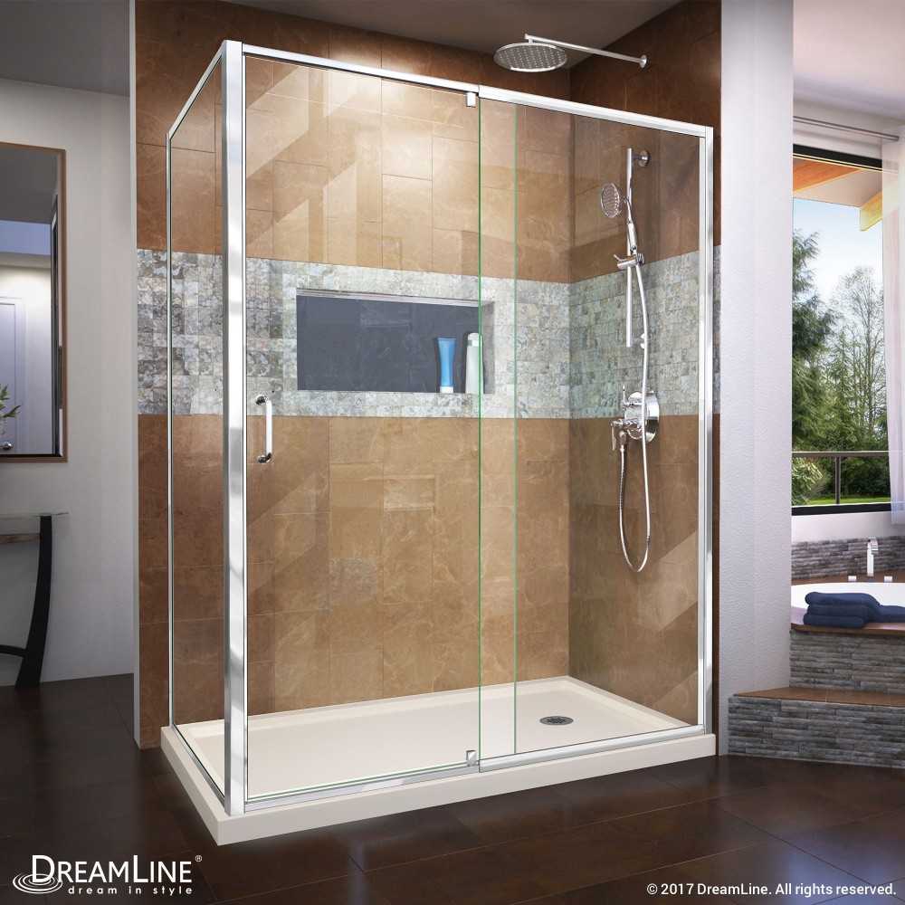 Flex 36 in. D x 60 in. W x 74 3/4 in. H Semi-Frameless Pivot Shower Enclosure in Chrome and Right Drain Biscuit Base Kit