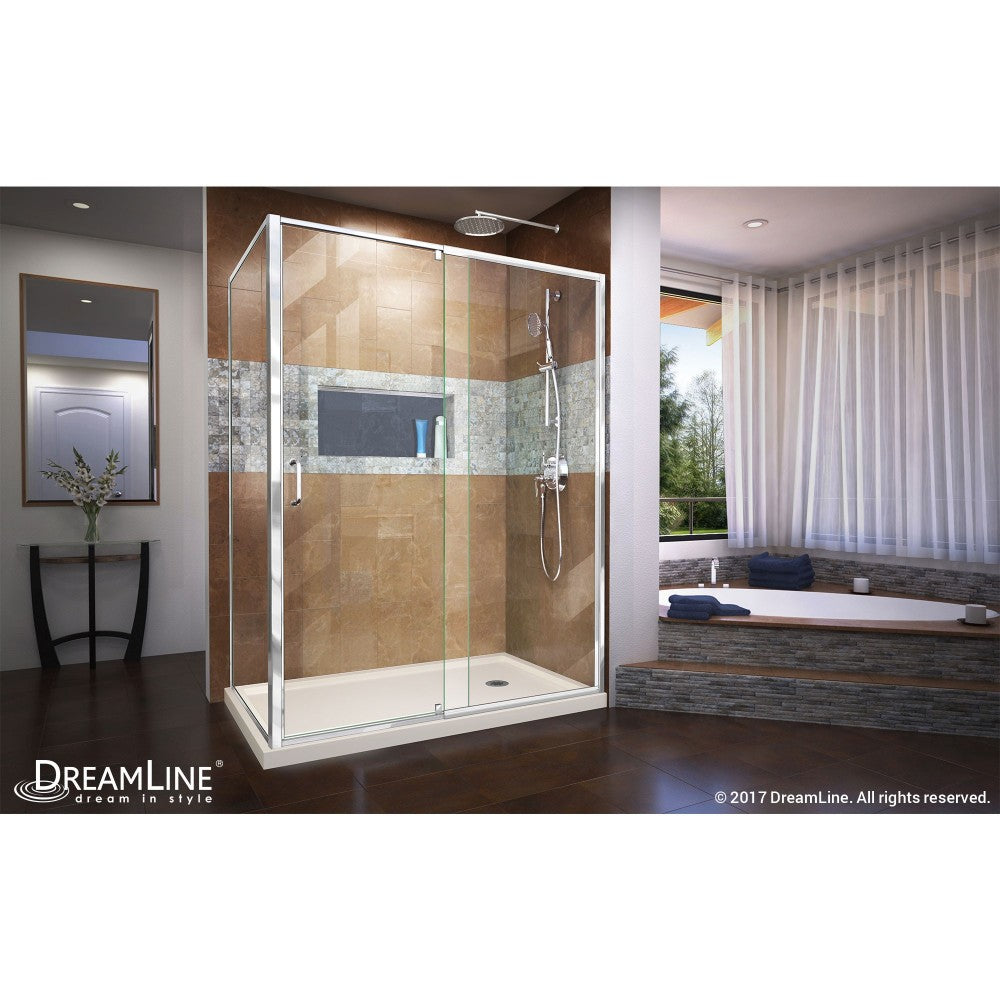 Flex 36 in. D x 60 in. W x 74 3/4 in. H Semi-Frameless Pivot Shower Enclosure in Chrome and Right Drain Biscuit Base Kit