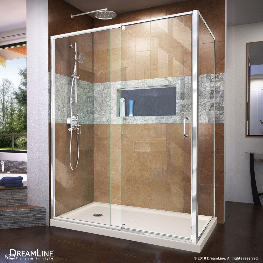 Flex 36 in. D x 60 in. W x 74 3/4 in. H Semi-Frameless Pivot Shower Enclosure in Chrome with Left Drain Biscuit Base Kit