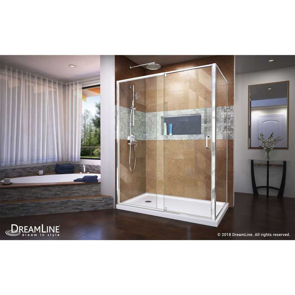 Flex 36 in. D x 60 in. W x 74 3/4 in. H Semi-Frameless Pivot Shower Enclosure in Chrome with Left Drain White Base Kit