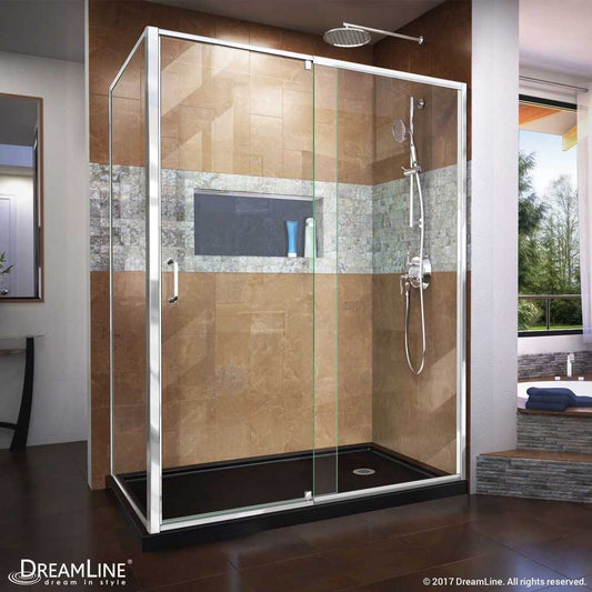 Flex 36 in. D x 60 in. W x 74 3/4 in. H Semi-Frameless Pivot Shower Enclosure in Chrome with Right Drain Black Base Kit