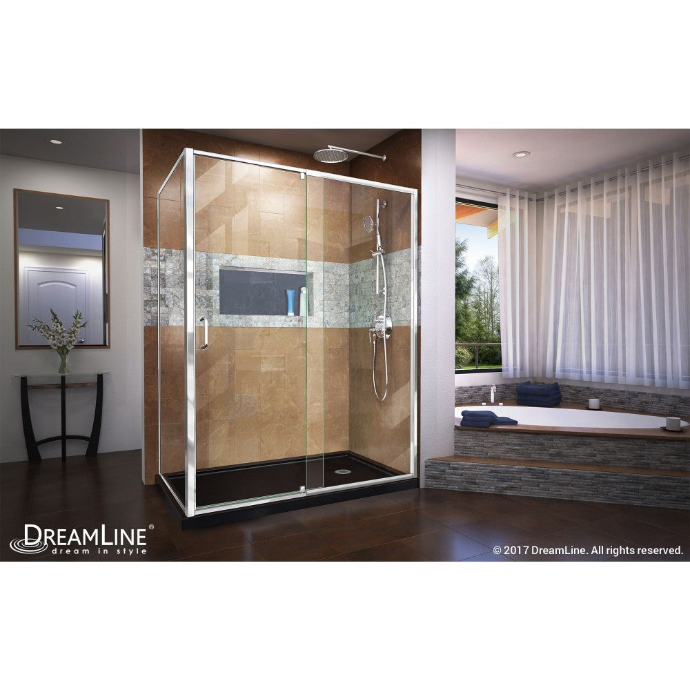 Flex 36 in. D x 60 in. W x 74 3/4 in. H Semi-Frameless Pivot Shower Enclosure in Chrome with Right Drain Black Base Kit