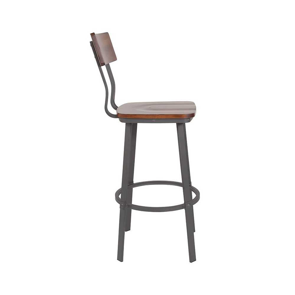 Flint Series Rustic Walnut Restaurant Barstool with Wood Seat & Back and Gray Powder Coat Frame