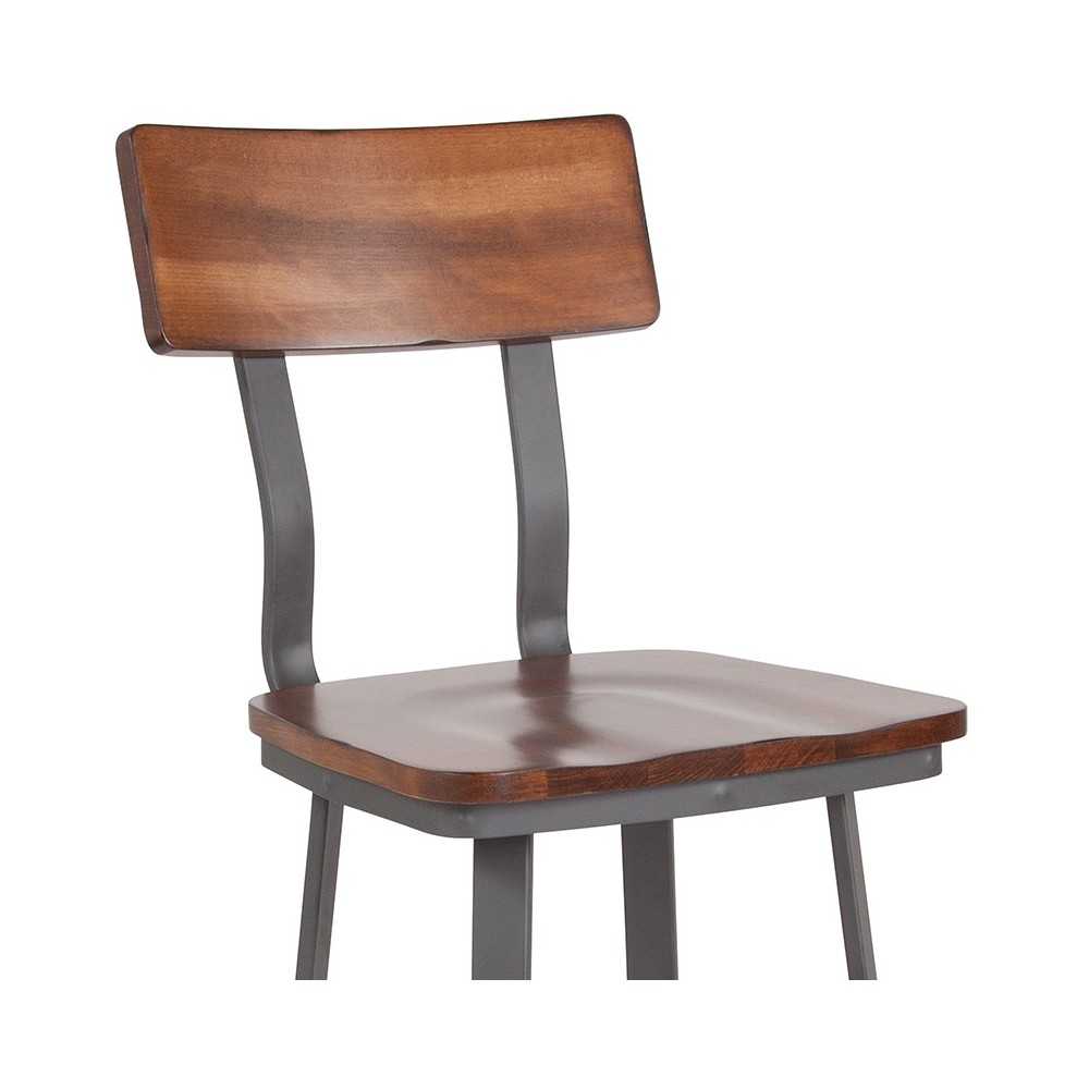 Flint Series Rustic Walnut Restaurant Barstool with Wood Seat & Back and Gray Powder Coat Frame