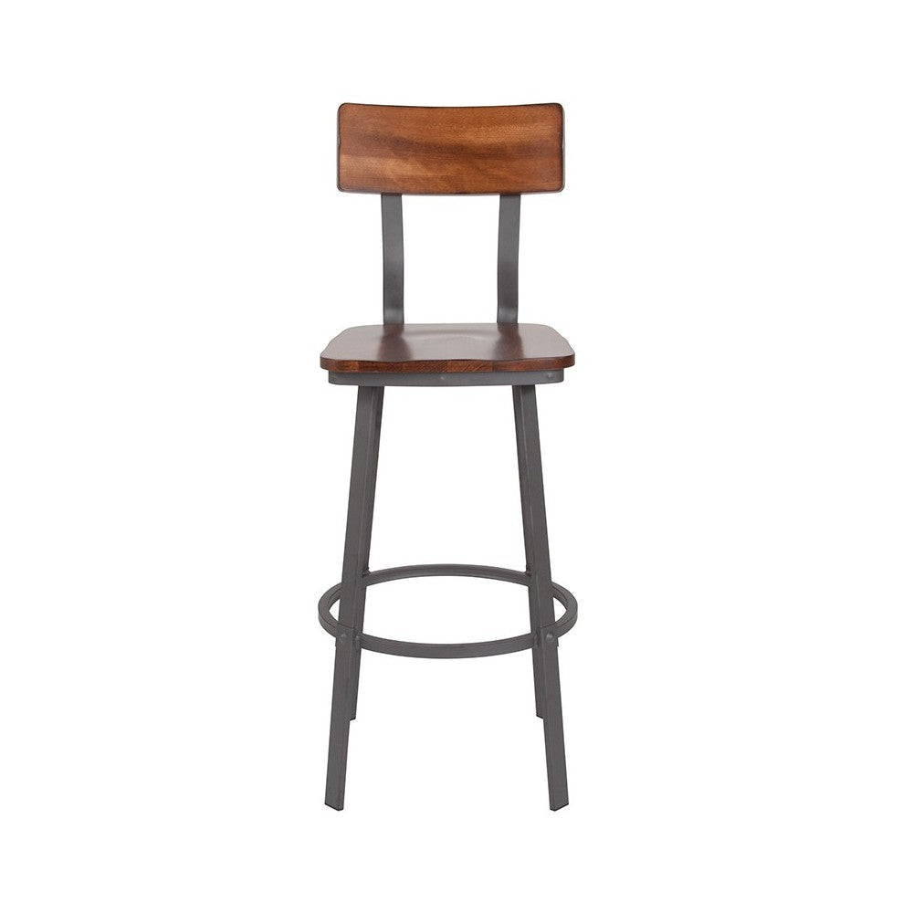 Flint Series Rustic Walnut Restaurant Barstool with Wood Seat & Back and Gray Powder Coat Frame