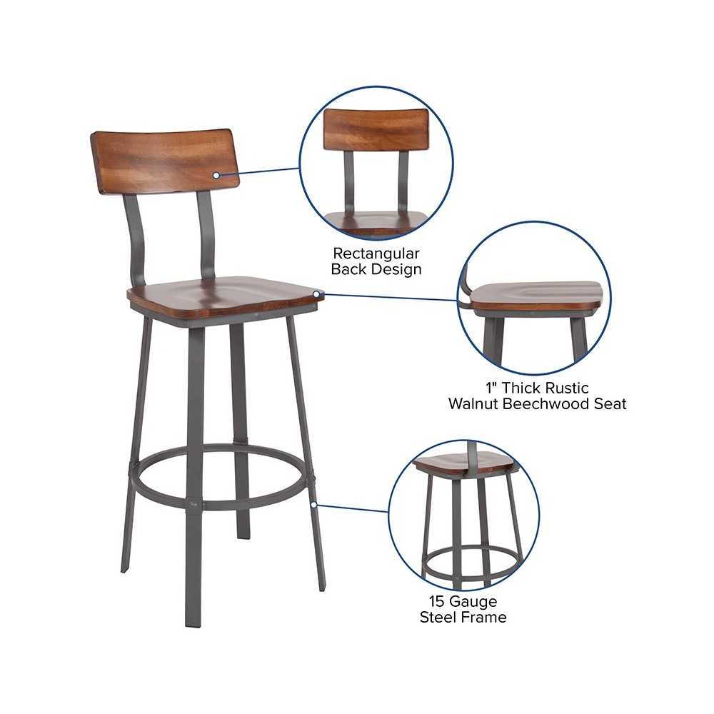 Flint Series Rustic Walnut Restaurant Barstool with Wood Seat & Back and Gray Powder Coat Frame