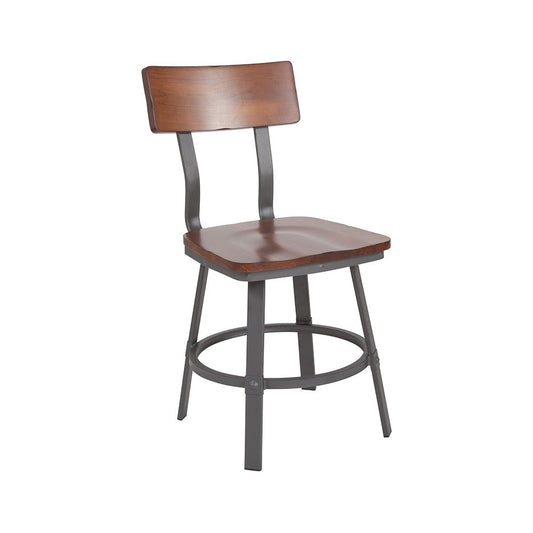Flint Series Rustic Walnut Restaurant Chair with Wood Seat & Back and Gray Powder Coat Frame