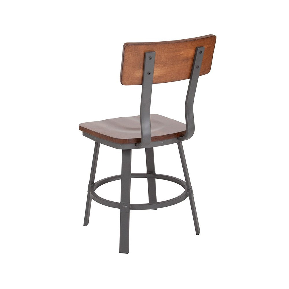 Flint Series Rustic Walnut Restaurant Chair with Wood Seat & Back and Gray Powder Coat Frame