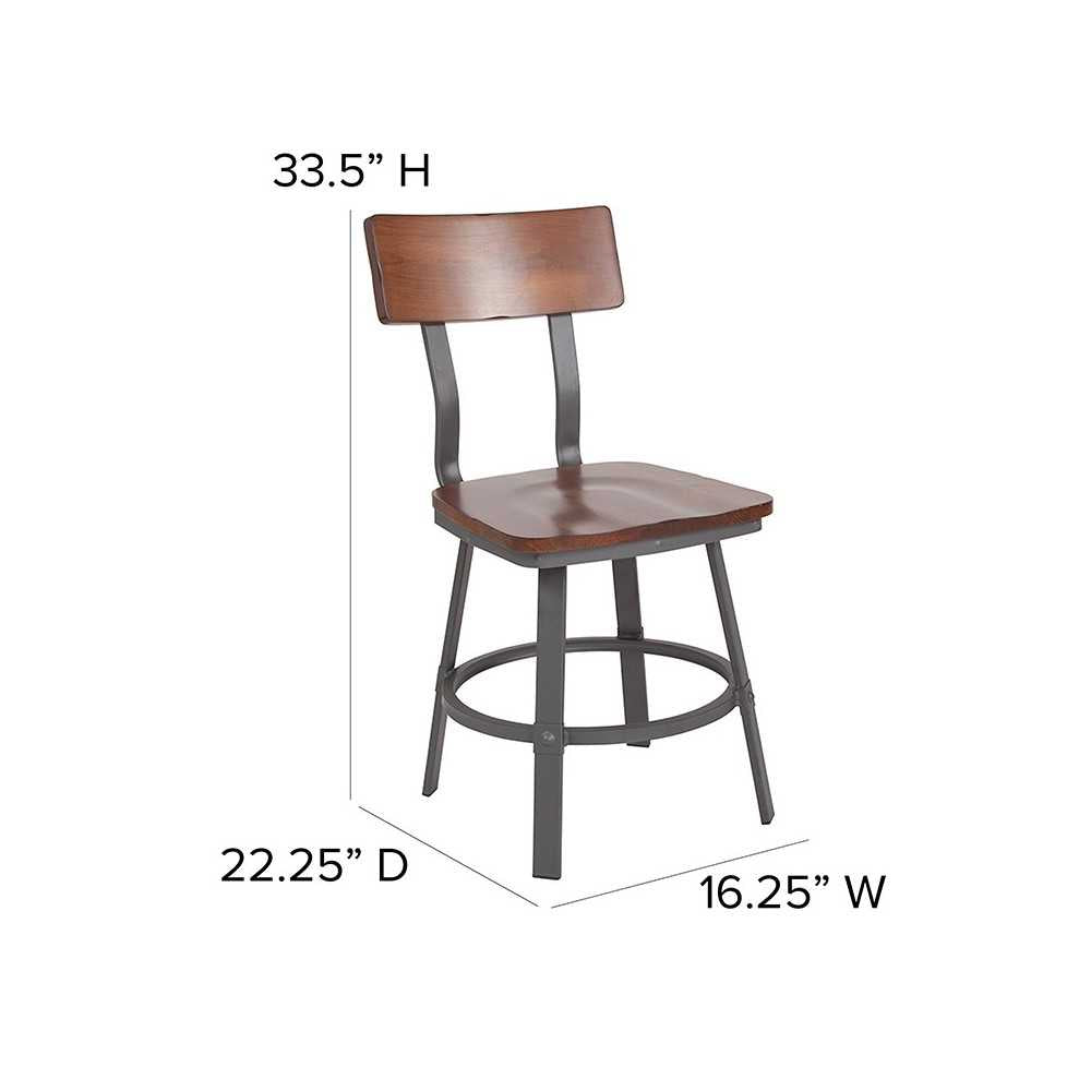 Flint Series Rustic Walnut Restaurant Chair with Wood Seat & Back and Gray Powder Coat Frame