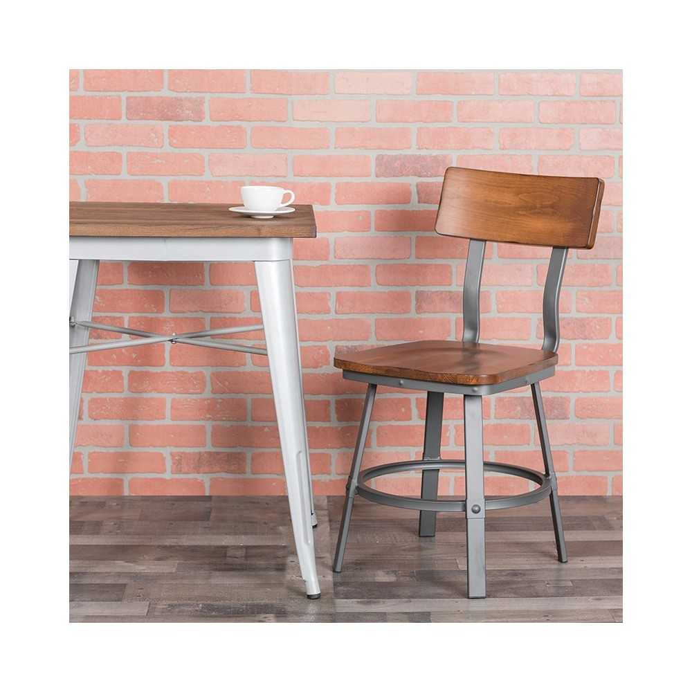 Flint Series Rustic Walnut Restaurant Chair with Wood Seat & Back and Gray Powder Coat Frame