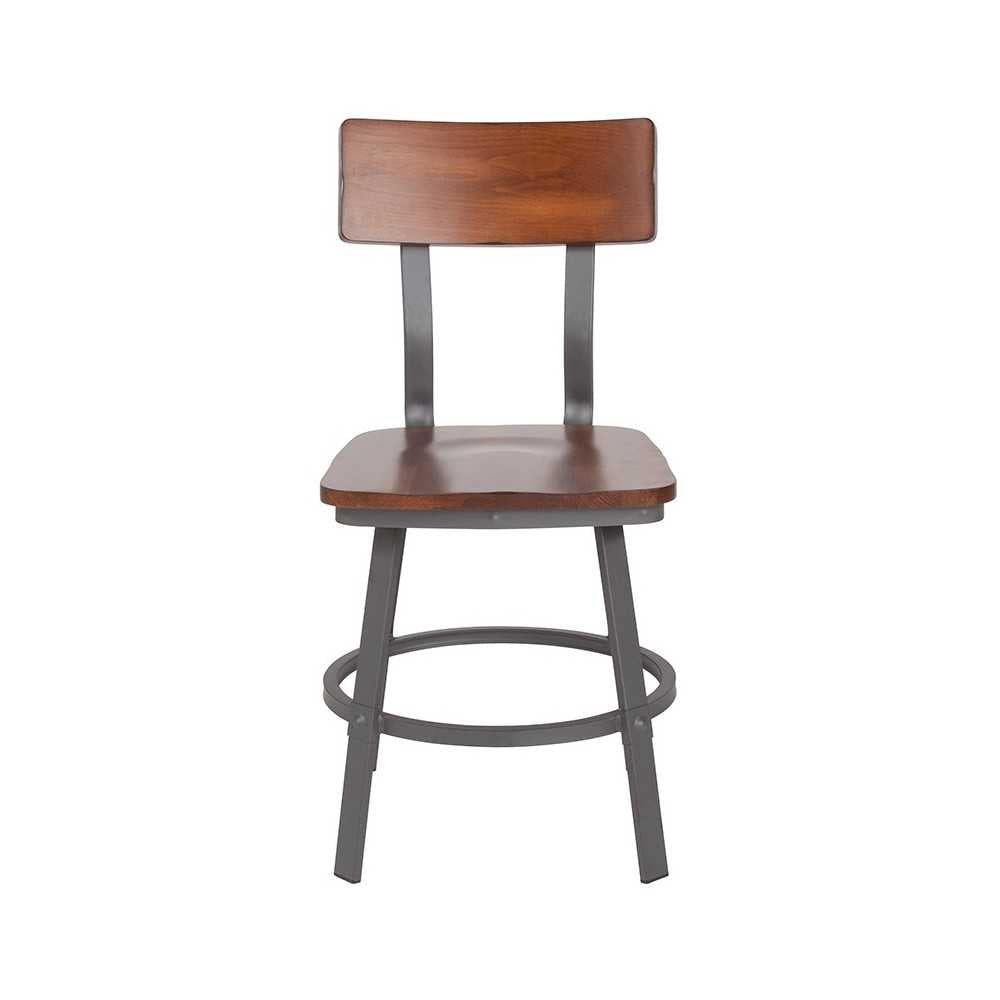 Flint Series Rustic Walnut Restaurant Chair with Wood Seat & Back and Gray Powder Coat Frame