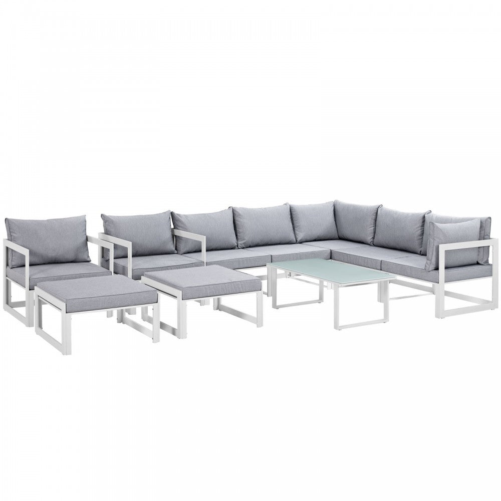 Fortuna 10 Piece Outdoor Patio Sectional Sofa Set, White Gray