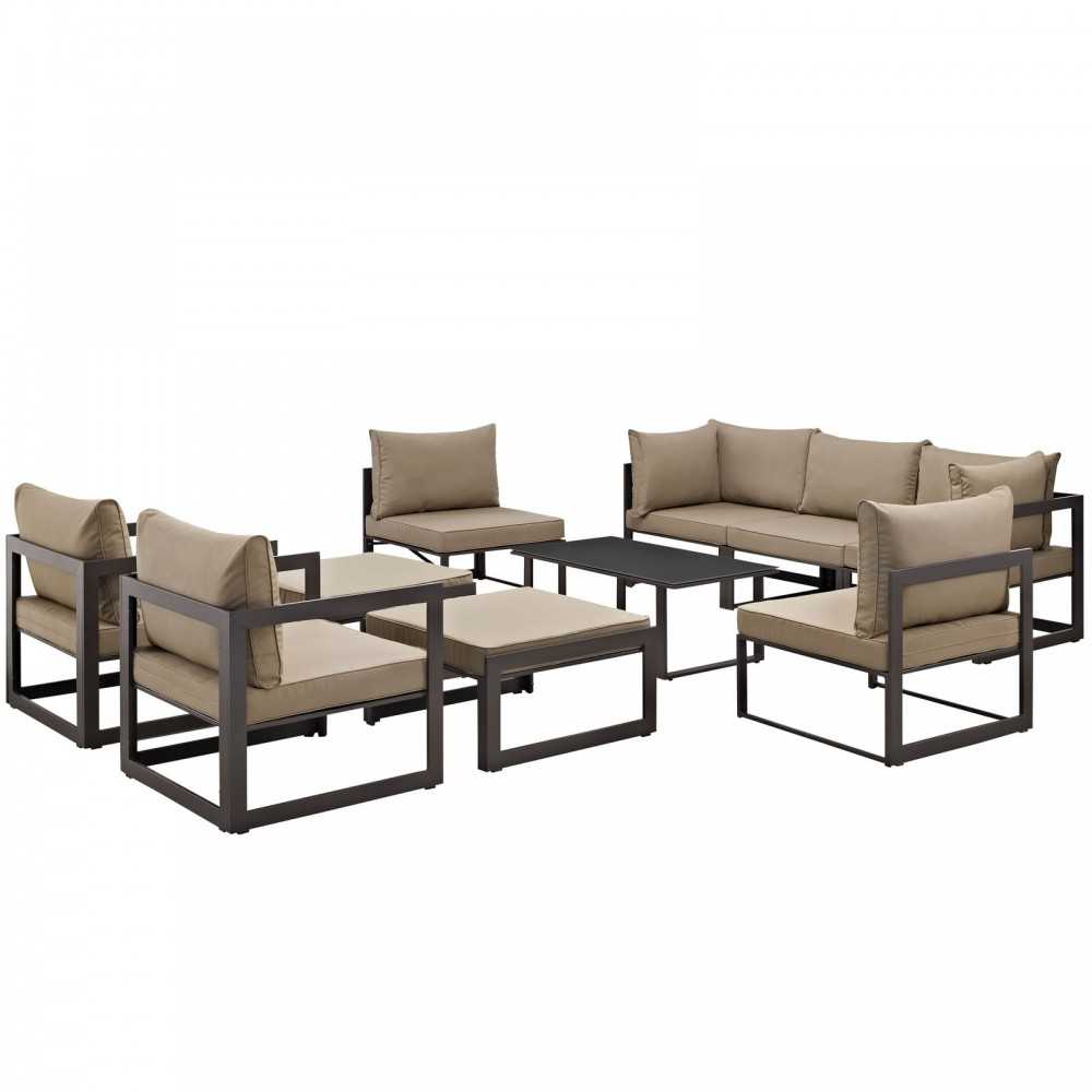 Fortuna 10 Piece Outdoor Patio Sectional Sofa Set, Brown Mocha