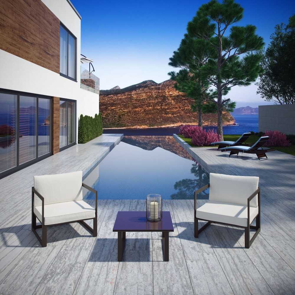Fortuna 3 Piece Outdoor Patio Sectional Sofa Set, Brown White