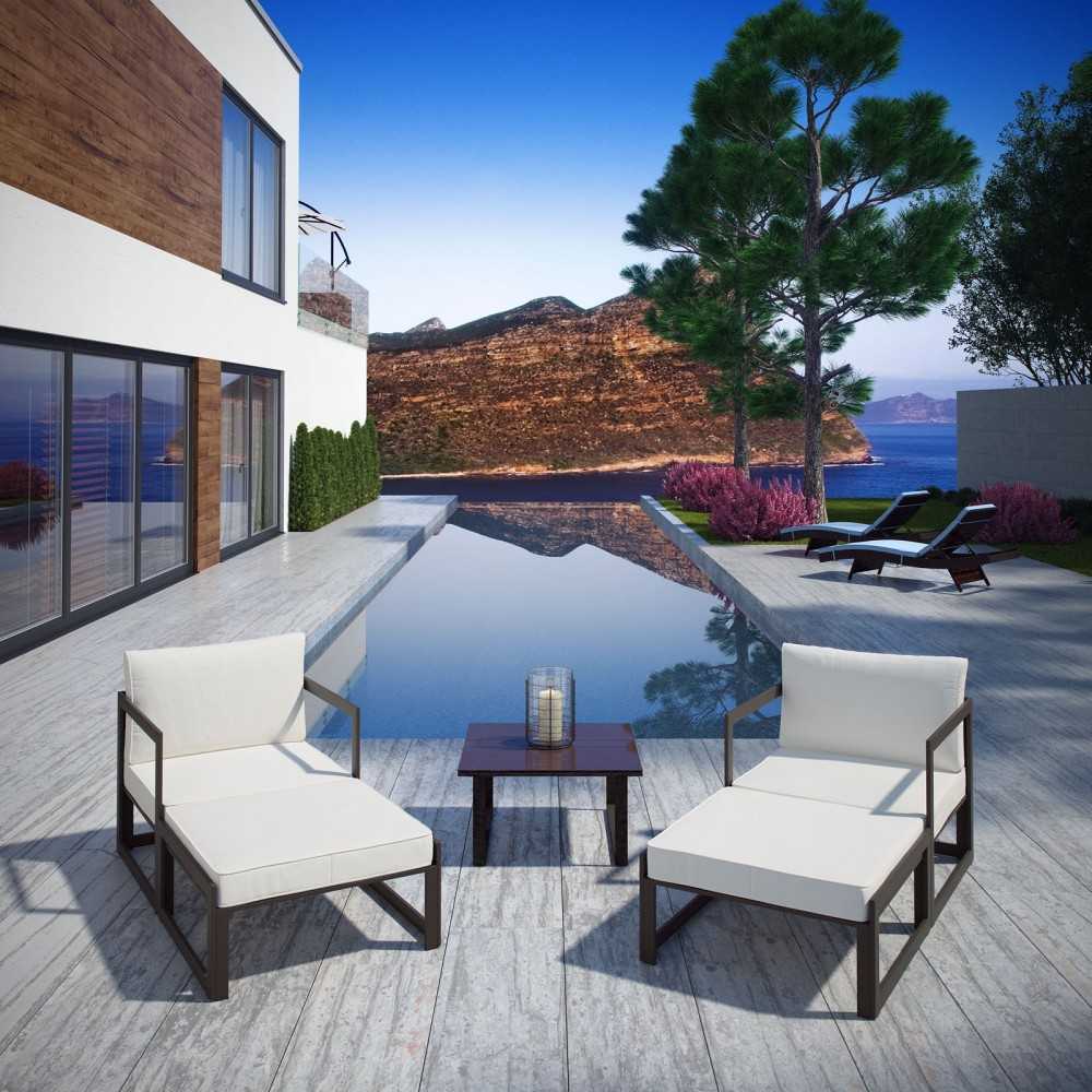 Fortuna 5 Piece Outdoor Patio Sectional Sofa Set, Brown White, EEI-1721-BRN-WHI-SET