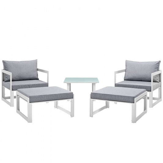 Fortuna 5 Piece Outdoor Patio Sectional Sofa Set, White Gray, EEI-1721-WHI-GRY-SET