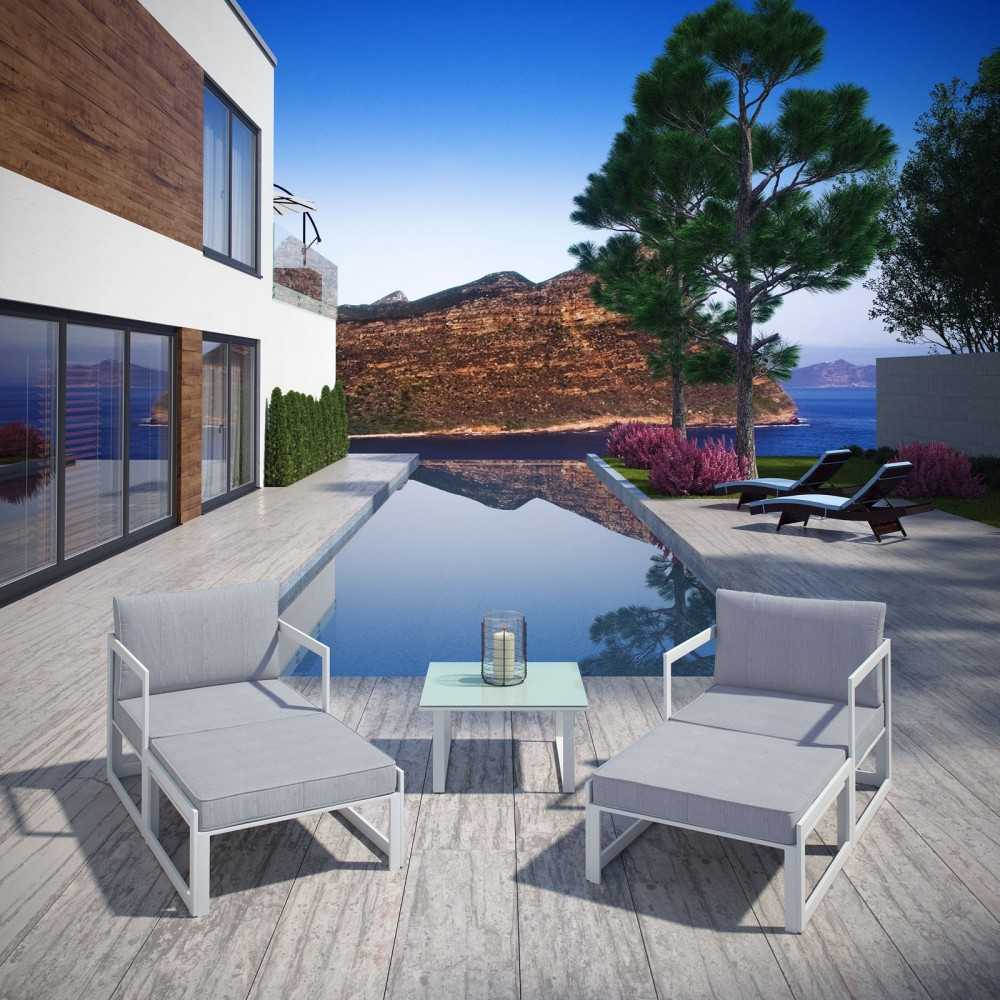 Fortuna 5 Piece Outdoor Patio Sectional Sofa Set, White Gray, EEI-1721-WHI-GRY-SET