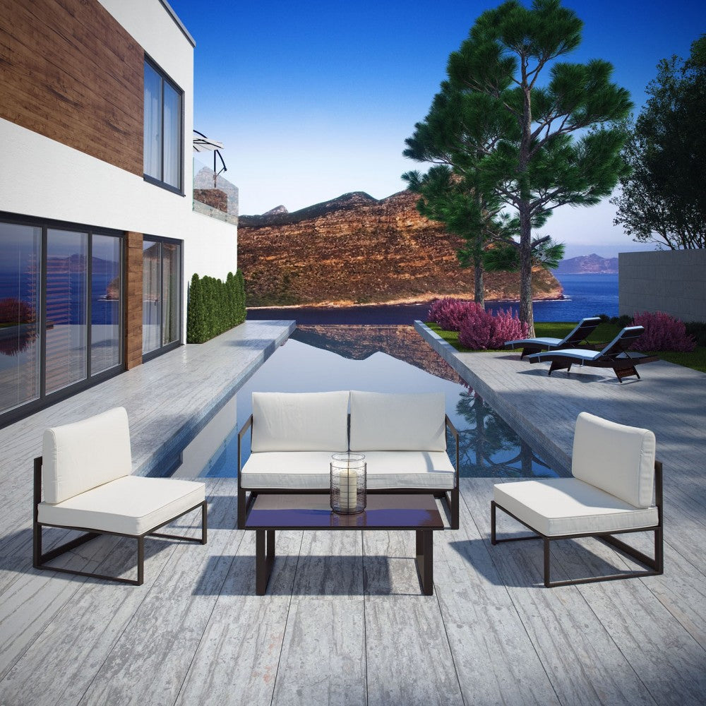 Fortuna 5 Piece Outdoor Patio Sectional Sofa Set, Brown White, EEI-1724-BRN-WHI-SET