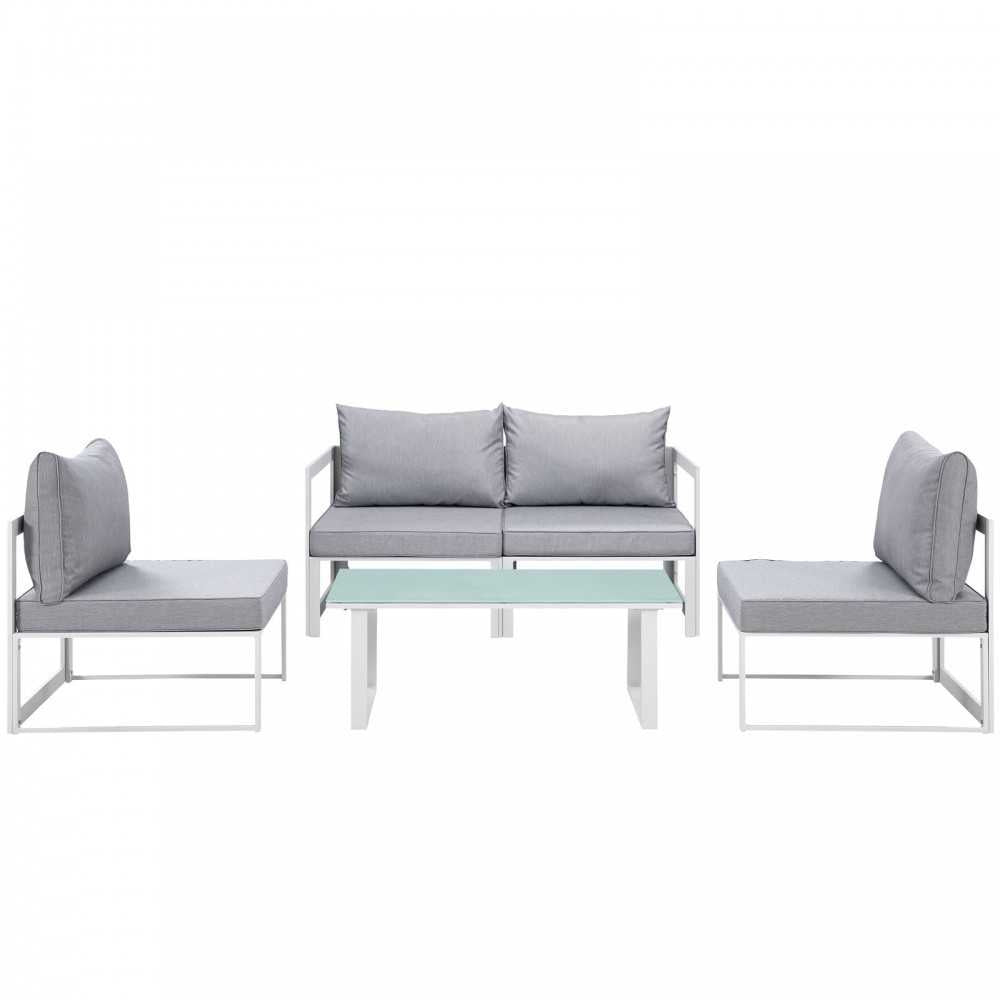 Fortuna 5 Piece Outdoor Patio Sectional Sofa Set, White Gray, EEI-1724-WHI-GRY-SET