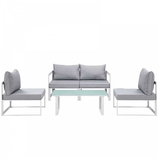 Fortuna 5 Piece Outdoor Patio Sectional Sofa Set, White Gray, EEI-1724-WHI-GRY-SET
