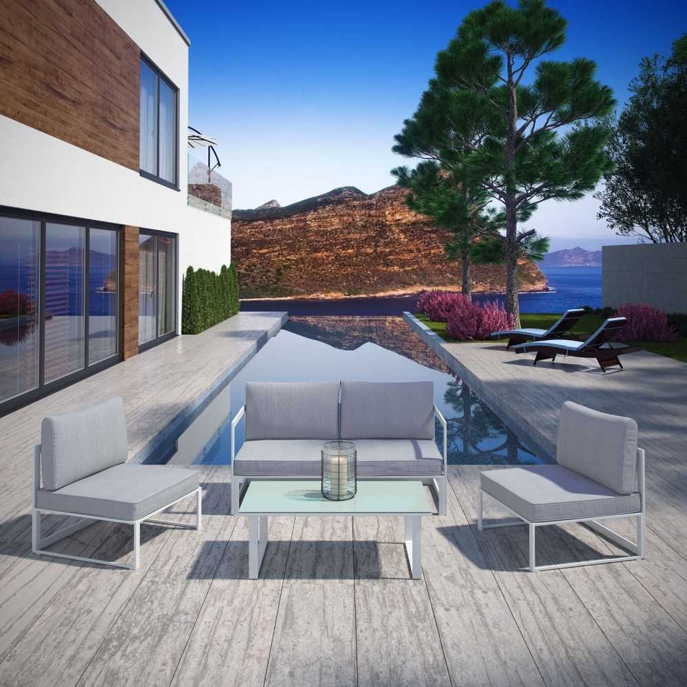 Fortuna 5 Piece Outdoor Patio Sectional Sofa Set, White Gray, EEI-1724-WHI-GRY-SET