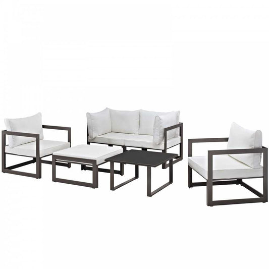 Fortuna 6 Piece Outdoor Patio Sectional Sofa Set, Brown White, EEI-1723-BRN-WHI-SET