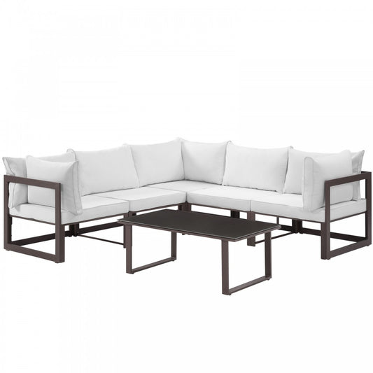 Fortuna 6 Piece Outdoor Patio Sectional Sofa Set, Brown White, EEI-1732-BRN-WHI-SET