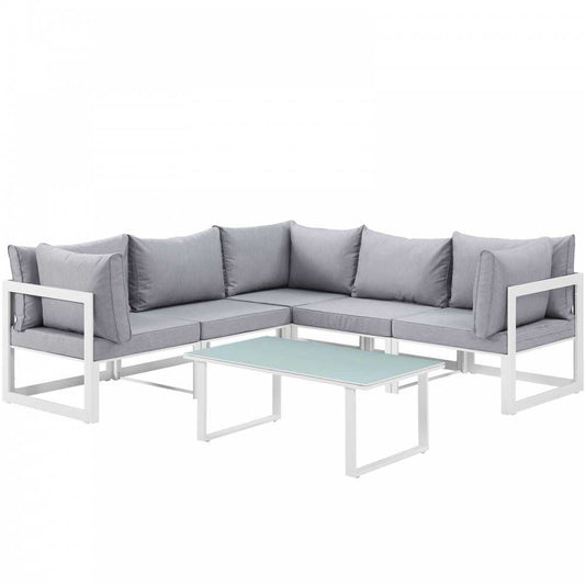 Fortuna 6 Piece Outdoor Patio Sectional Sofa Set, White Gray, EEI-1732-WHI-GRY-SET