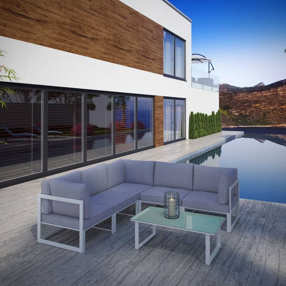 Fortuna 6 Piece Outdoor Patio Sectional Sofa Set, White Gray, EEI-1732-WHI-GRY-SET