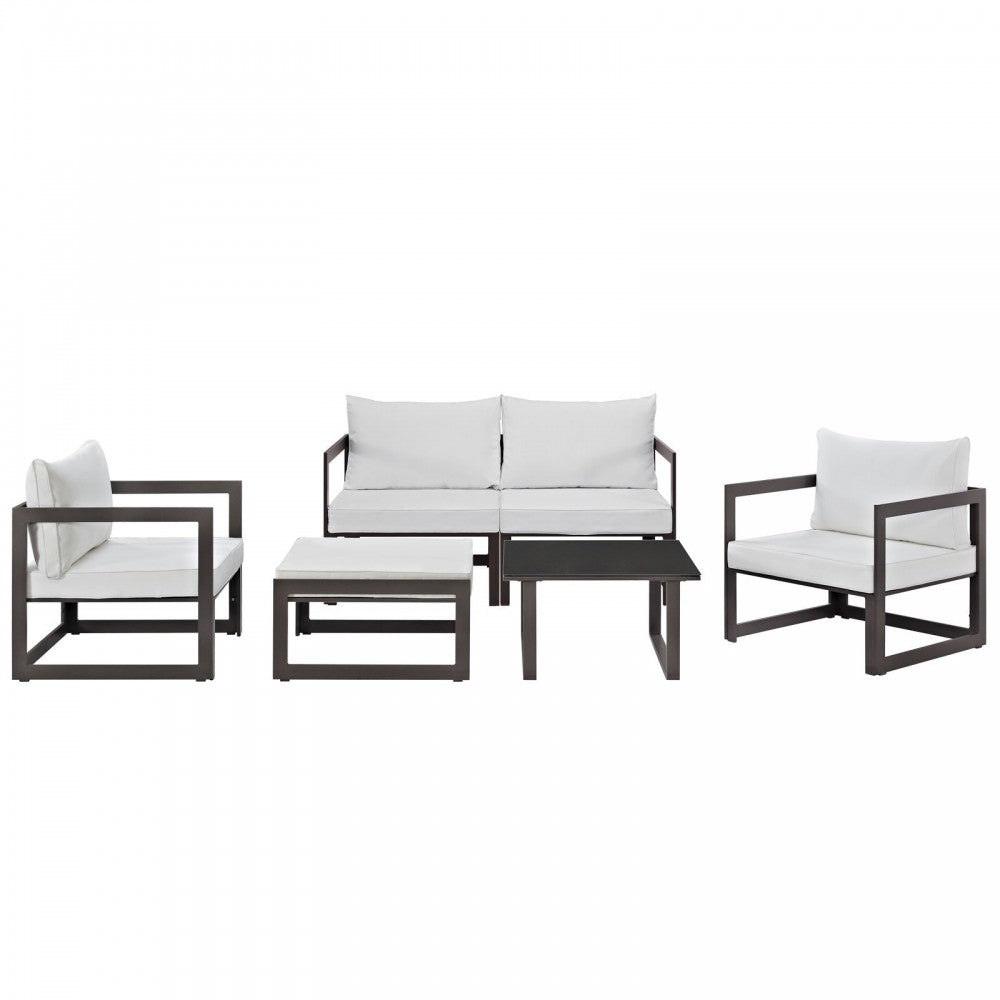 Fortuna 6 Piece Outdoor Patio Sectional Sofa Set, Brown White, EEI-1723-BRN-WHI-SET