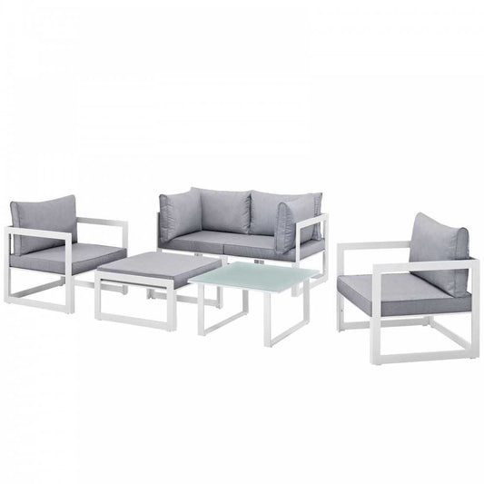 Fortuna 6 Piece Outdoor Patio Sectional Sofa Set, White Gray, EEI-1723-WHI-GRY-SET
