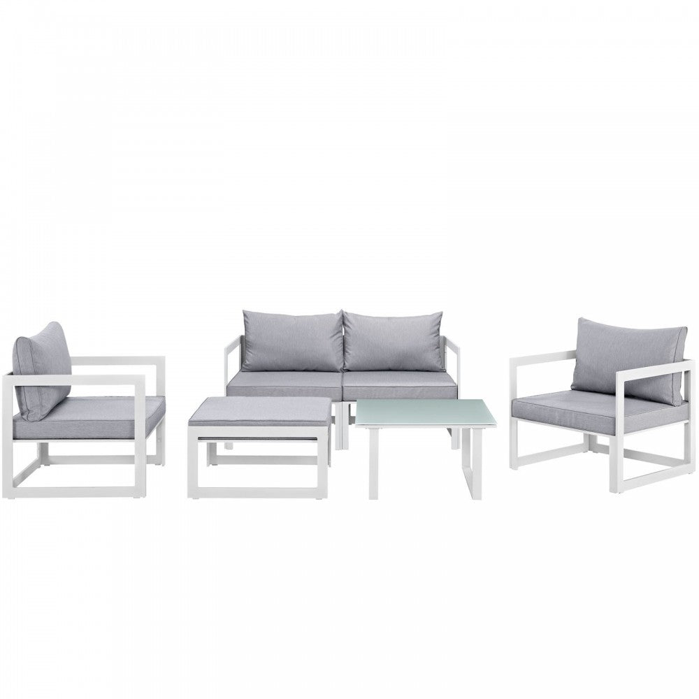 Fortuna 6 Piece Outdoor Patio Sectional Sofa Set, White Gray, EEI-1723-WHI-GRY-SET