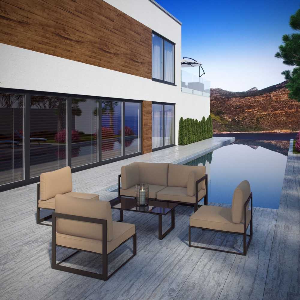 Fortuna 6 Piece Outdoor Patio Sectional Sofa Set, Brown Mocha, EEI-1726-BRN-MOC-SET