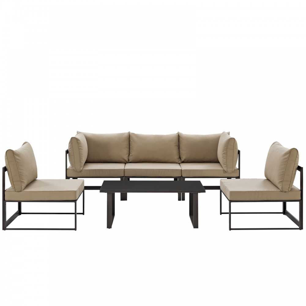 Fortuna 6 Piece Outdoor Patio Sectional Sofa Set, Brown Mocha, EEI-1726-BRN-MOC-SET