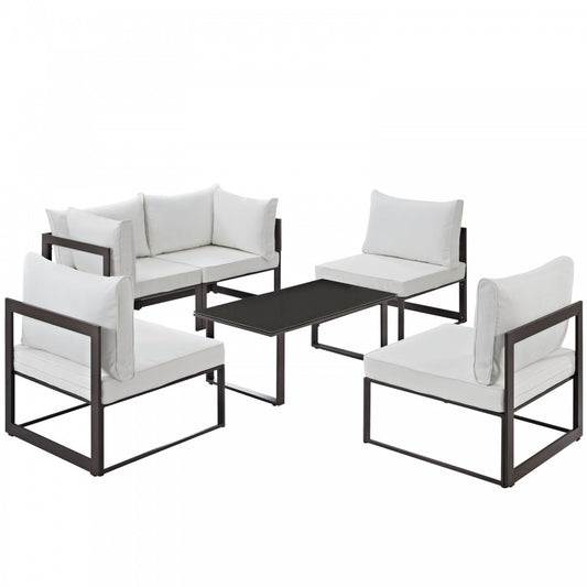 Fortuna 6 Piece Outdoor Patio Sectional Sofa Set, Brown White, EEI-1726-BRN-WHI-SET