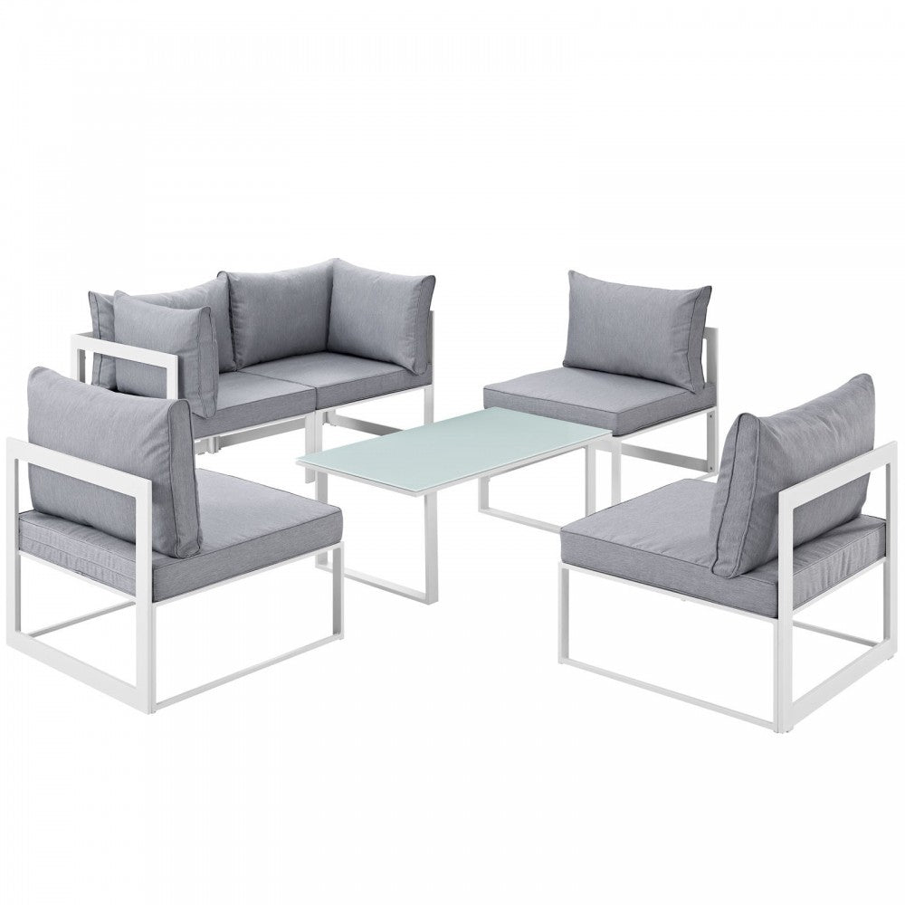 Fortuna 6 Piece Outdoor Patio Sectional Sofa Set, White Gray, EEI-1726-WHI-GRY-SET