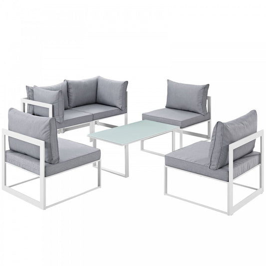 Fortuna 6 Piece Outdoor Patio Sectional Sofa Set, White Gray, EEI-1726-WHI-GRY-SET