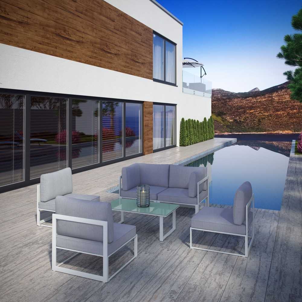 Fortuna 6 Piece Outdoor Patio Sectional Sofa Set, White Gray, EEI-1726-WHI-GRY-SET