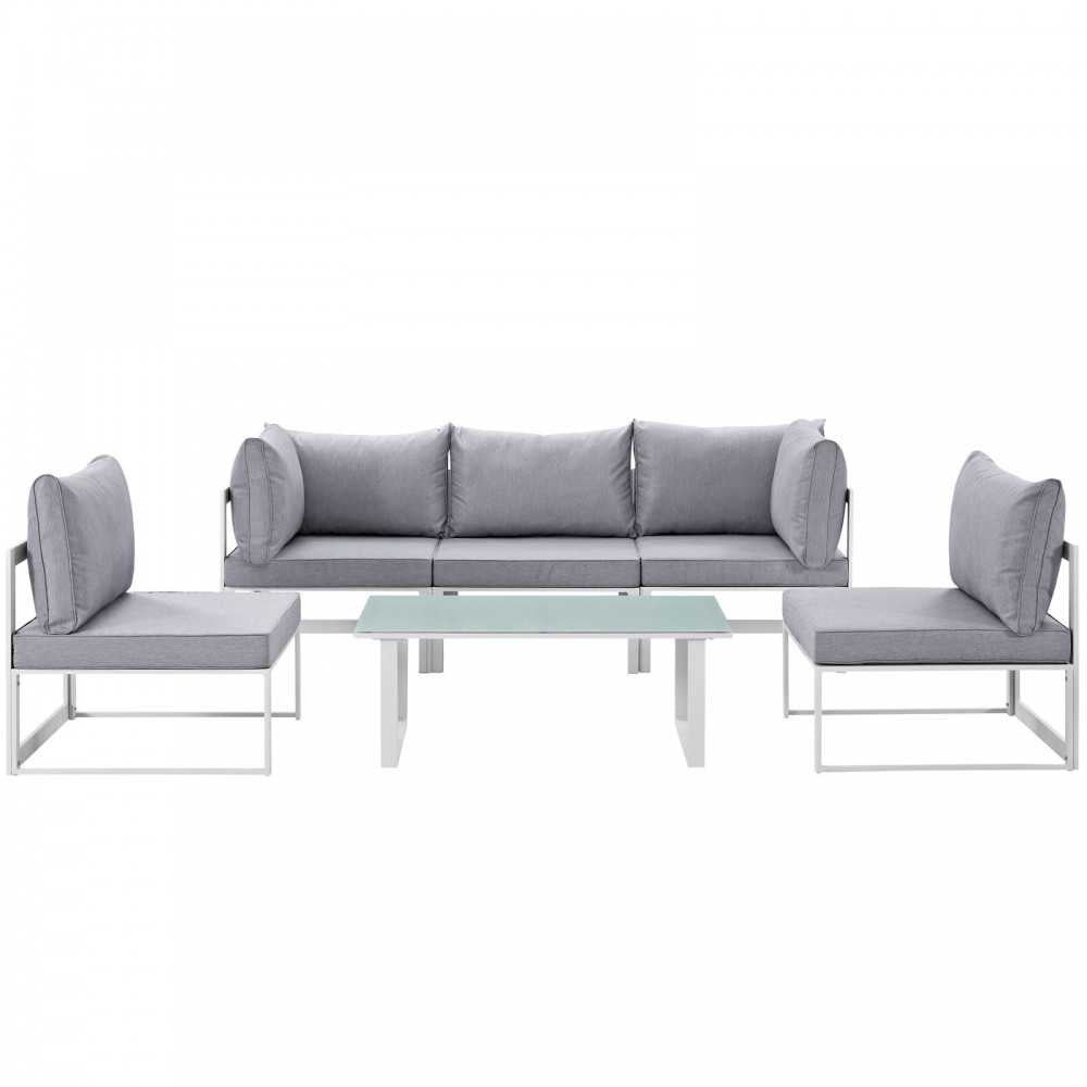Fortuna 6 Piece Outdoor Patio Sectional Sofa Set, White Gray, EEI-1726-WHI-GRY-SET