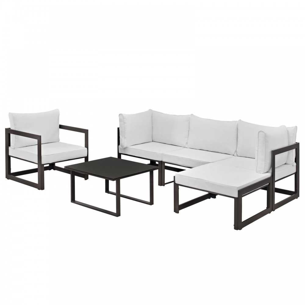 Fortuna 6 Piece Outdoor Patio Sectional Sofa Set, Brown White, EEI-1731-BRN-WHI-SET