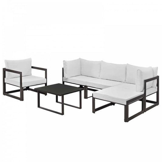 Fortuna 6 Piece Outdoor Patio Sectional Sofa Set, Brown White, EEI-1731-BRN-WHI-SET