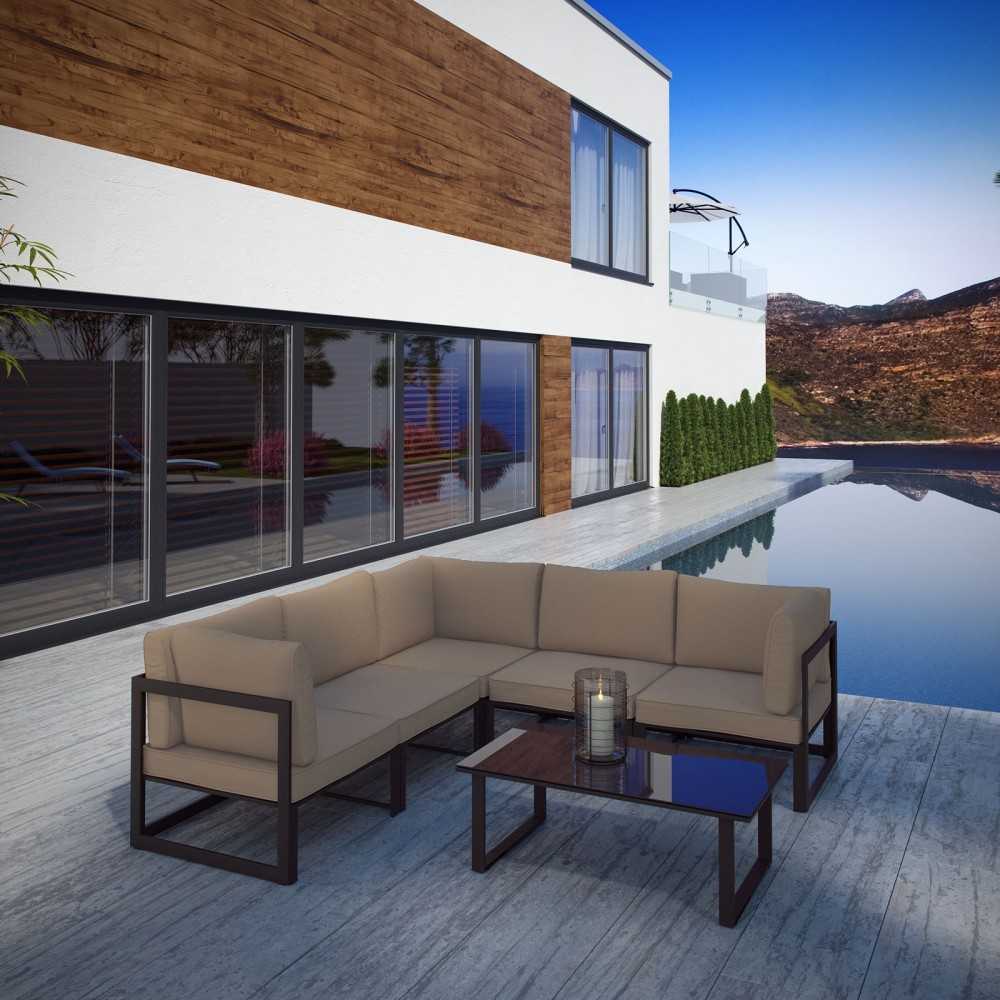 Fortuna 6 Piece Outdoor Patio Sectional Sofa Set, Brown Mocha, EEI-1732-BRN-MOC-SET