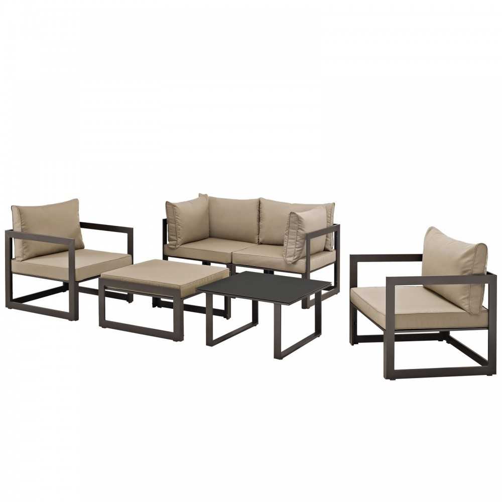 Fortuna 6 Piece Outdoor Patio Sectional Sofa Set, Brown Mocha, EEI-1723-BRN-MOC-SET