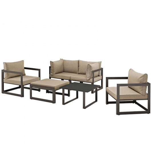 Fortuna 6 Piece Outdoor Patio Sectional Sofa Set, Brown Mocha, EEI-1723-BRN-MOC-SET
