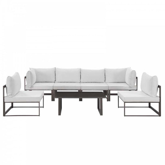 Fortuna 7 Piece Outdoor Patio Sectional Sofa Set, Brown White, EEI-1729-BRN-WHI-SET